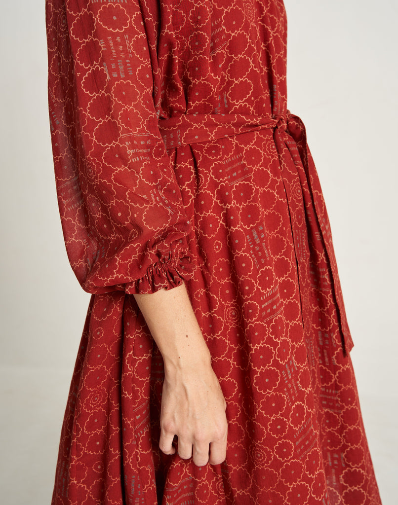 Long Sleeves Hand Woven Cotton Ruby Red Oversized Summer Dress for Women