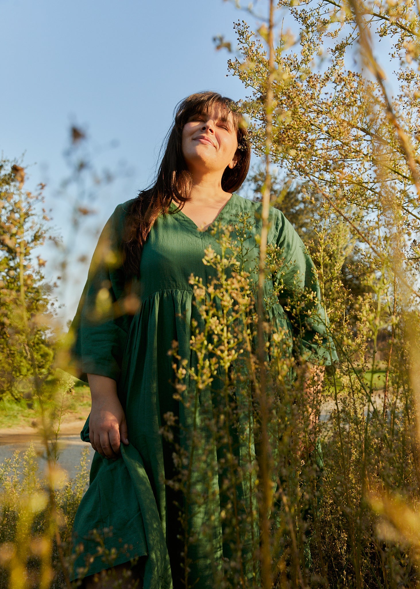 Basil green gathered midi dress