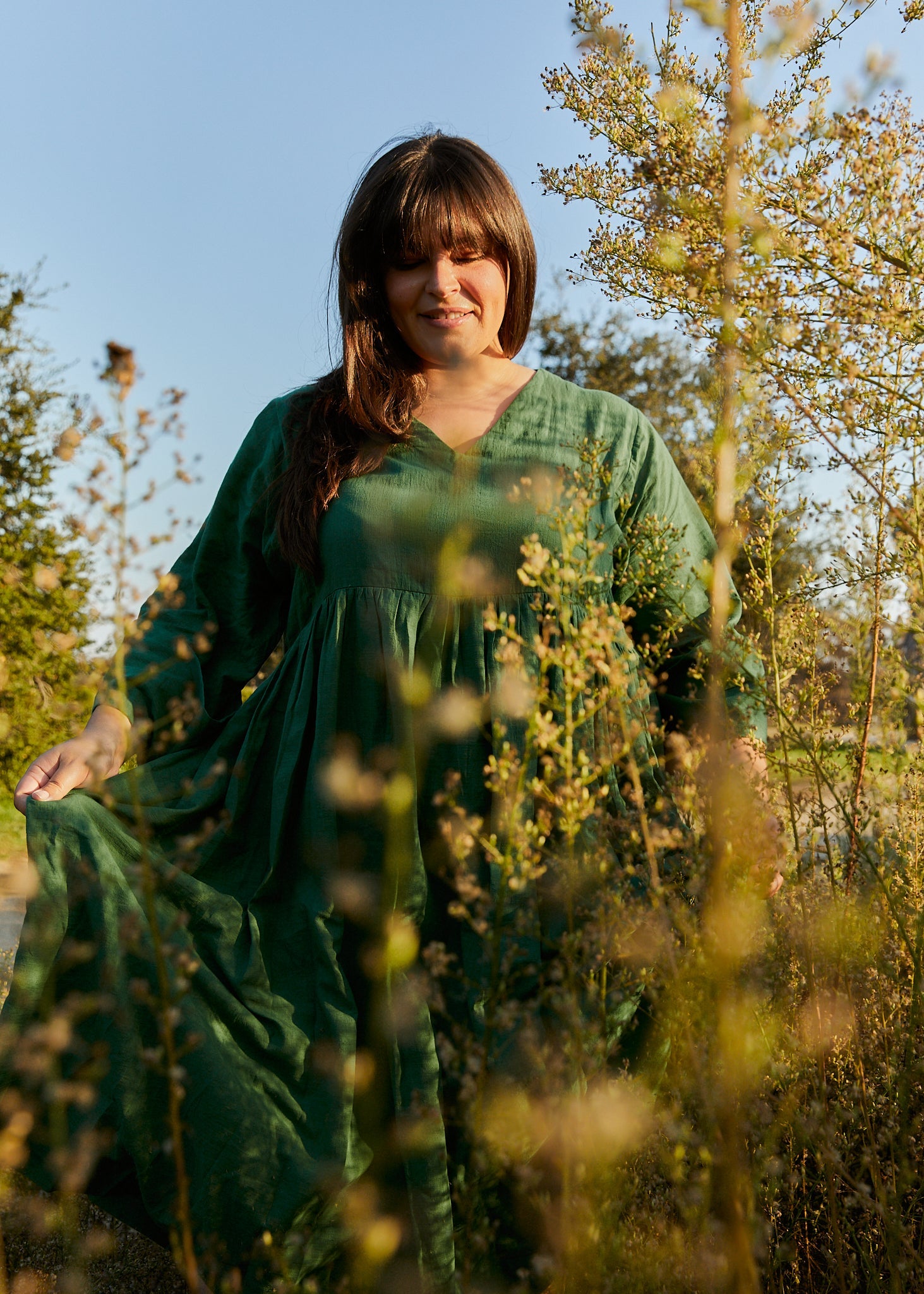 Basil green gathered midi dress – World of Crow