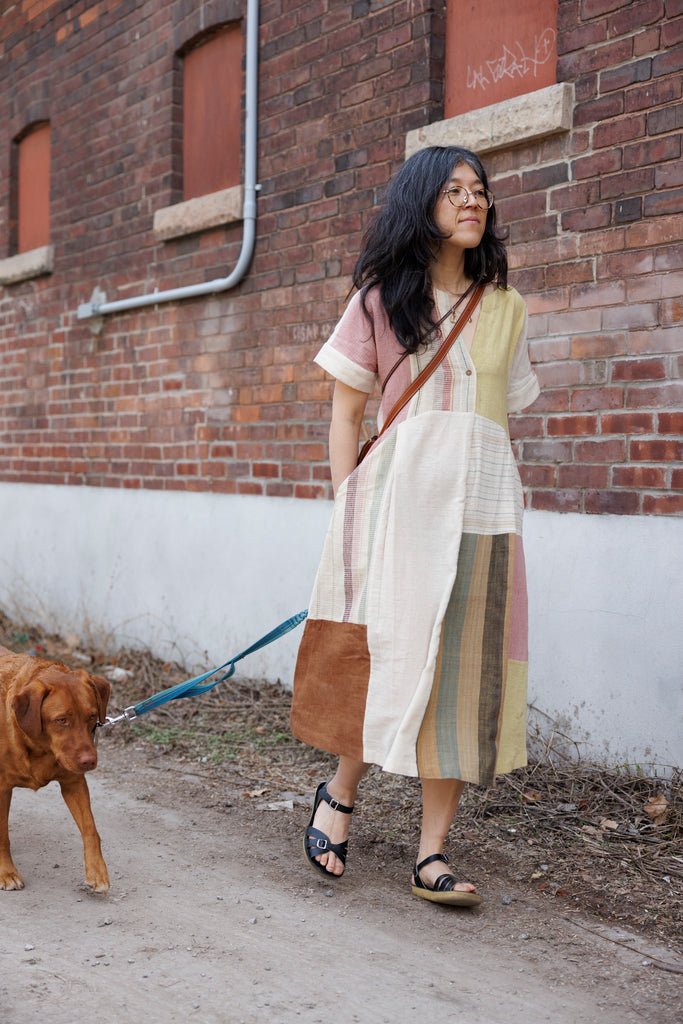 This dress is made in collaboration between Erica Kim @ahistoryofarchitecture and World of Crow, This dress has woven patches of different desert colors, it is made with handwoven fabric