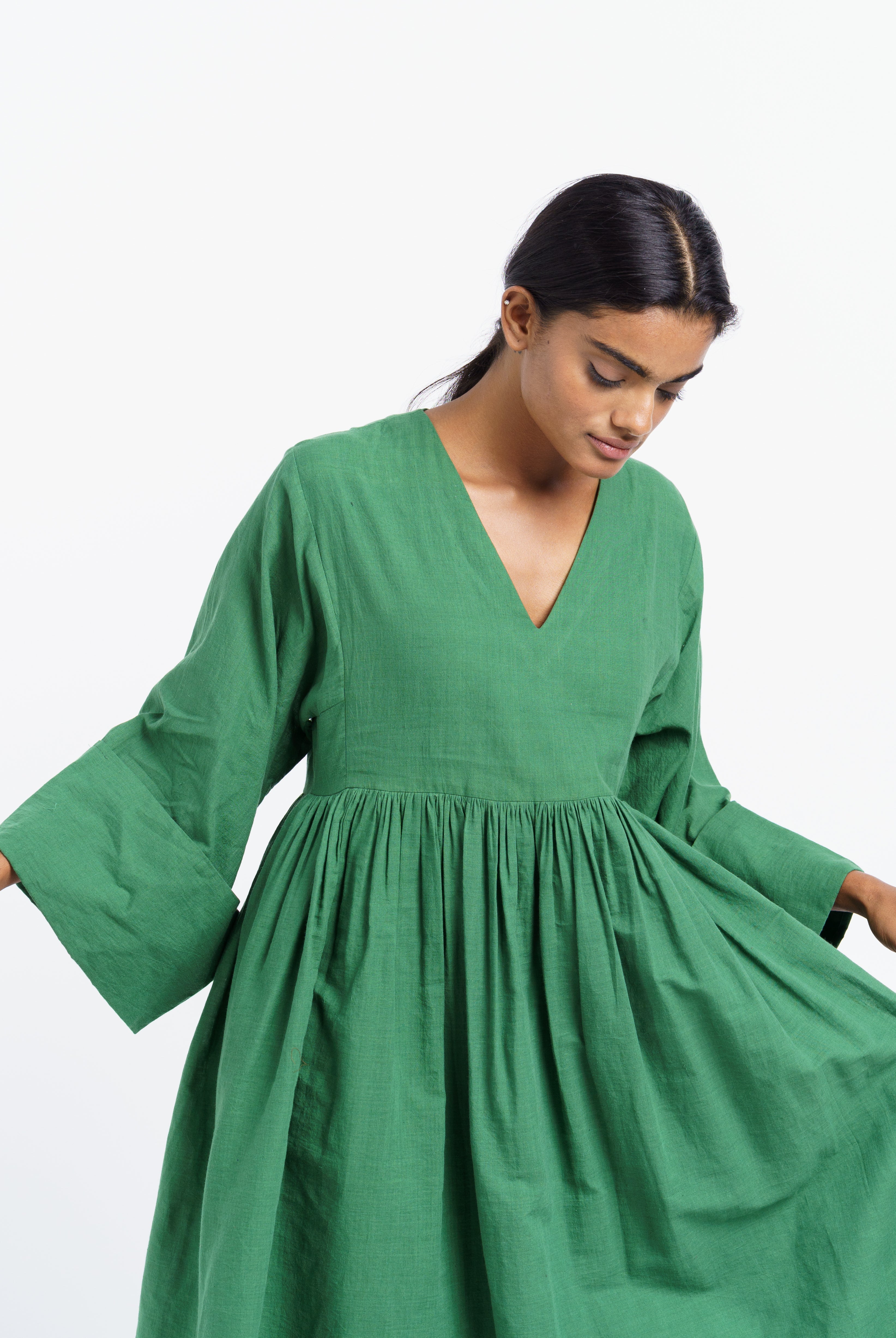 Basil green gathered midi dress – World of Crow