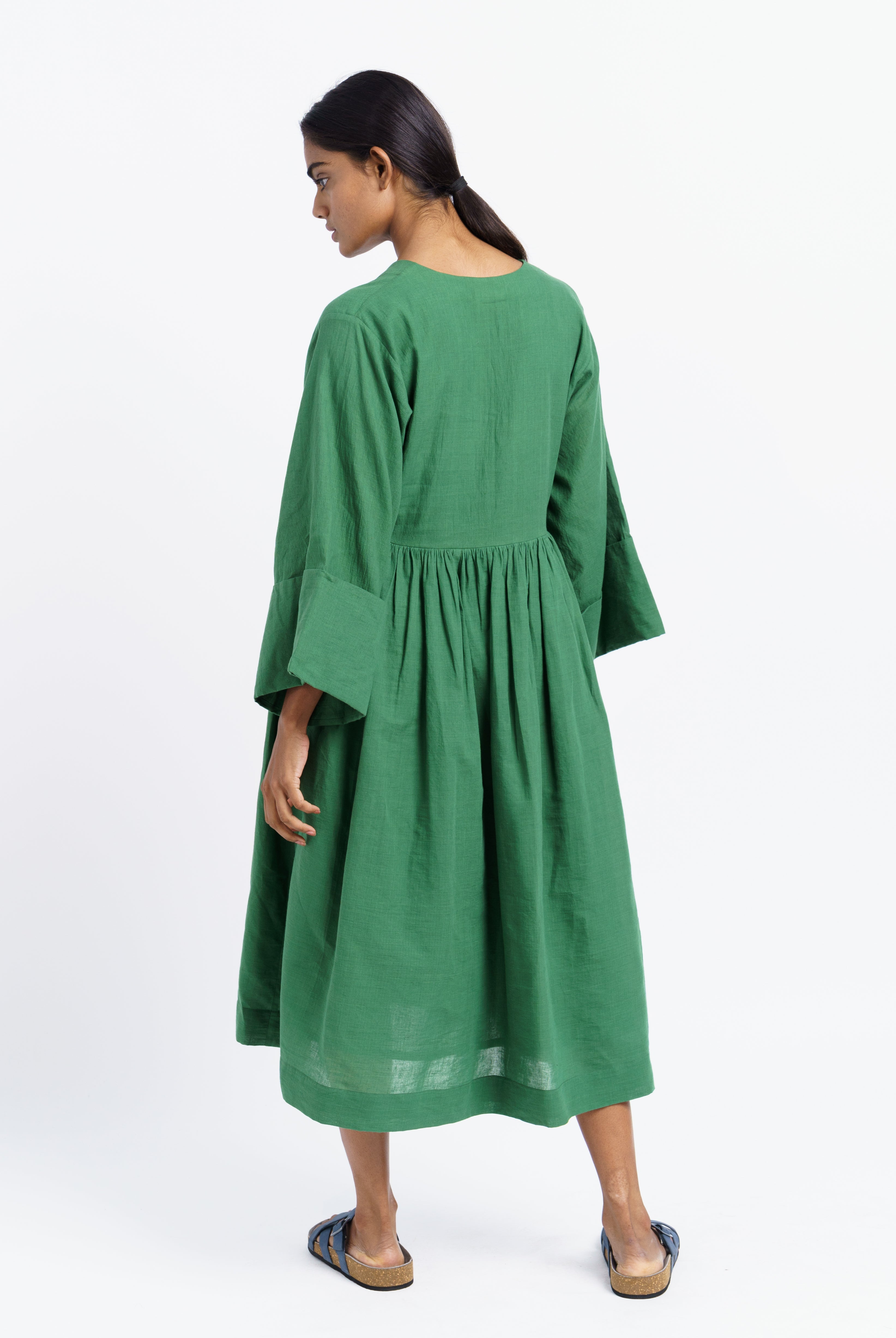 Basil green gathered midi dress – World of Crow