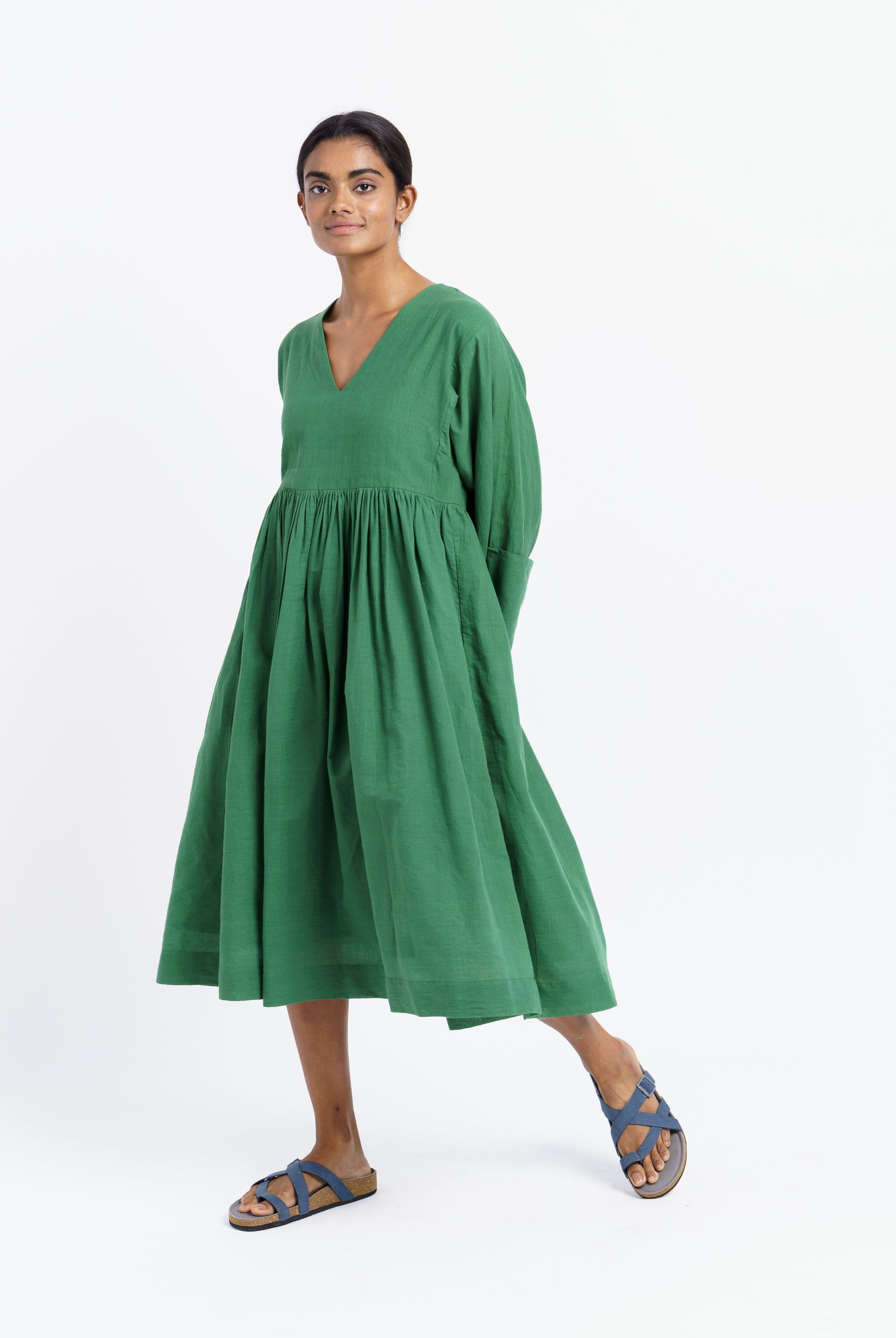 Basil green gathered midi dress – World of Crow