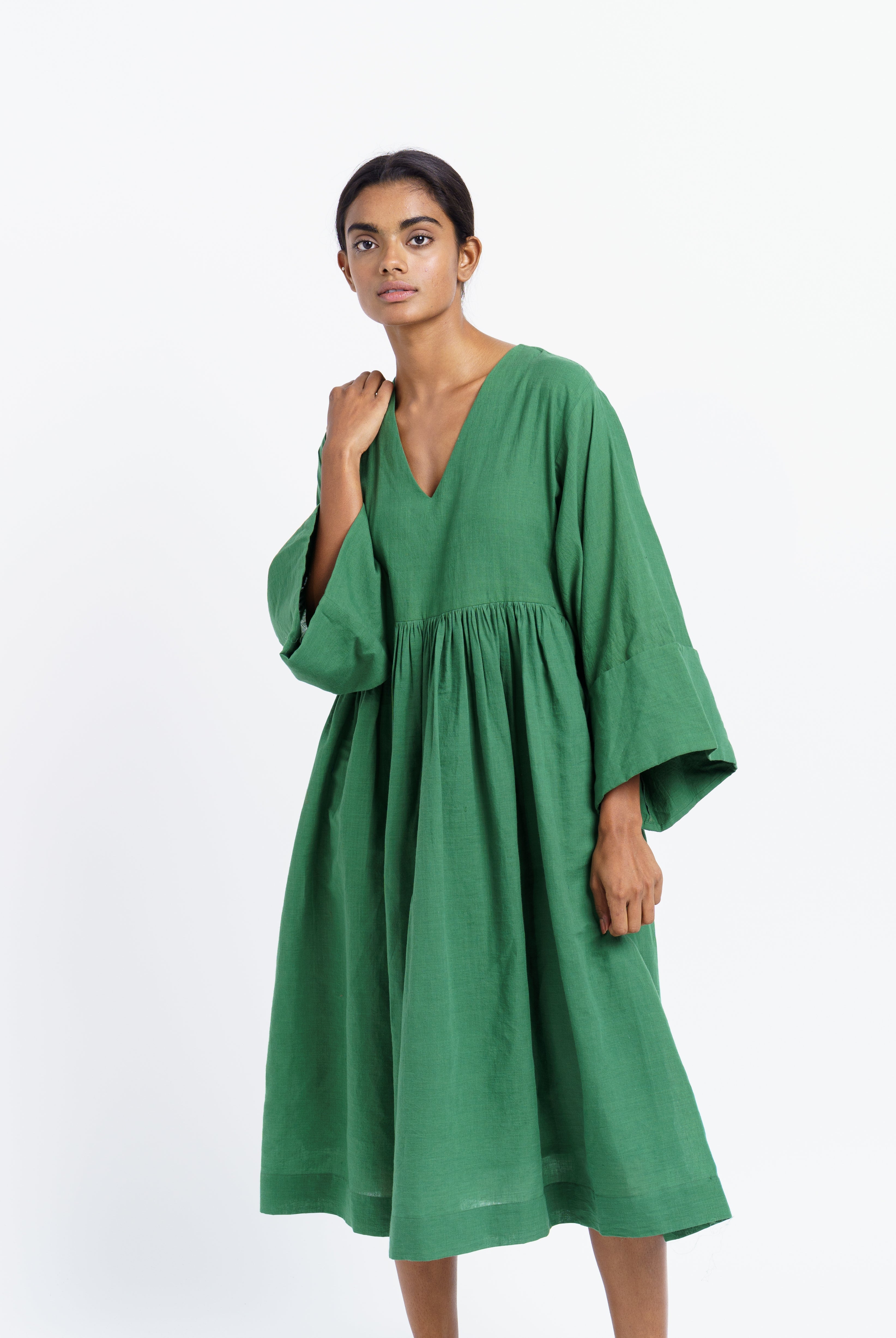 Basil green gathered midi dress – World of Crow