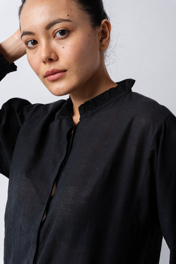 Black hand woven cotton shirt, most sustainable apparel companies, non fast fashion brands us, affordable natural clothing, affordable organic clothing, the range women's clothing, women dress accessories, organic basics Canada, organic basics eu, minimalist closet, minimalist closet ideas
