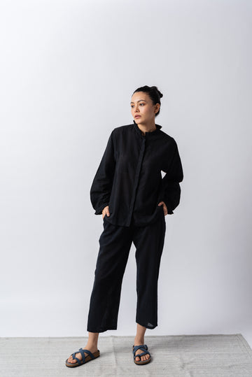 Black hand woven cotton shirt, most sustainable apparel companies, non fast fashion brands us, affordable natural clothing, affordable organic clothing, the range women's clothing, women dress accessories, organic basics Canada, organic basics eu, minimalist closet, minimalist closet ideas