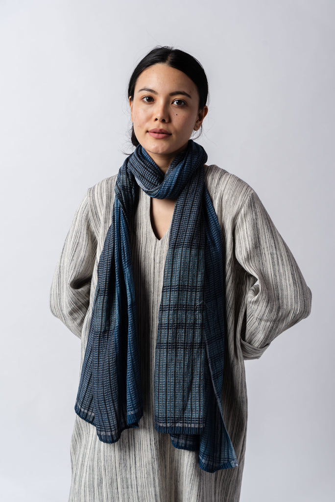 Blue and black khadi stole, ethical slow fashion brands, ethical sustainable brands, all cotton clothing brands, cotton clothing Canada, by the way women's clothing, casual living women's clothing, organic sustainable clothing, organic women's pants, how to have a minimalist closet, minimal brand
