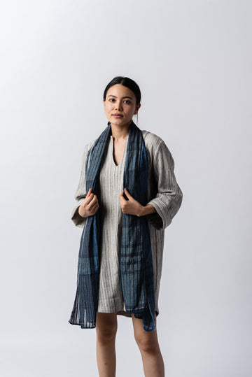 Blue and black khadi stole, ethical slow fashion brands, ethical sustainable brands, all cotton clothing brands, cotton clothing Canada, by the way women's clothing, casual living women's clothing, organic sustainable clothing, organic women's pants, how to have a minimalist closet, minimal brand