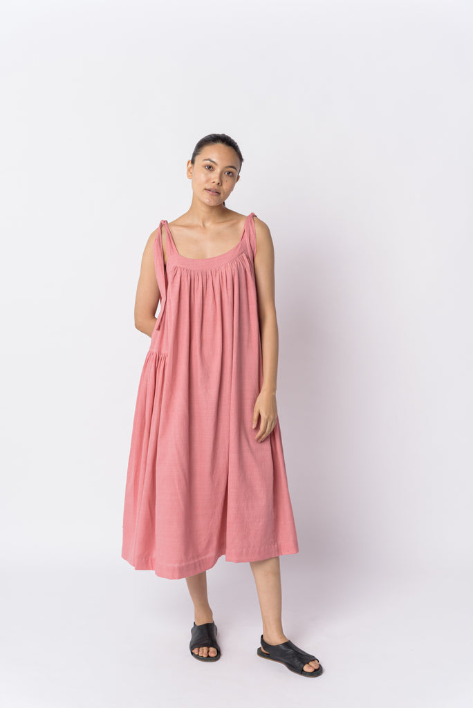 Candy pink tie-up dress, best ethical clothing brands U.S., best sustainable clothing brands, organic cotton wear, organic dresses online, cotton only clothing, cotton only clothing store, women's organic dresses, lightweight cotton women's clothing, clothing brands for minimalists, design minimalist wardrobe
