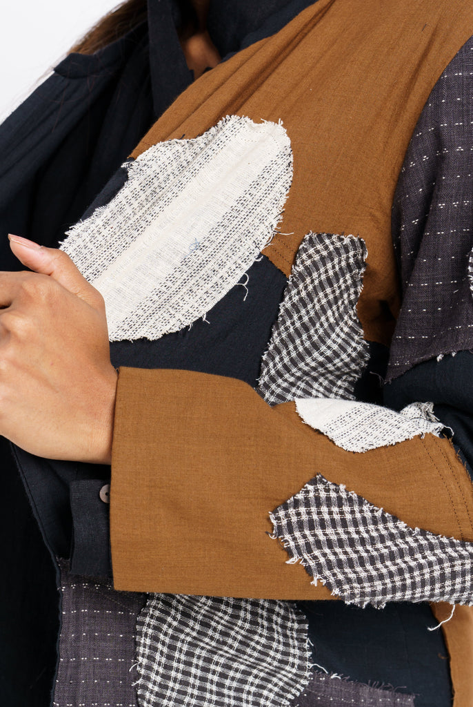 Earthy fall boro-boro relaxed fit jacket, which clothing companies are ethical, women's ethical clothing, organic long sleeve jackets, organic shirt store, gots certified clothing, green cotton women's clothing, 100 cotton women's, women's organic clothing, minimalist fall wardrobe, minimalist fashion brands women's