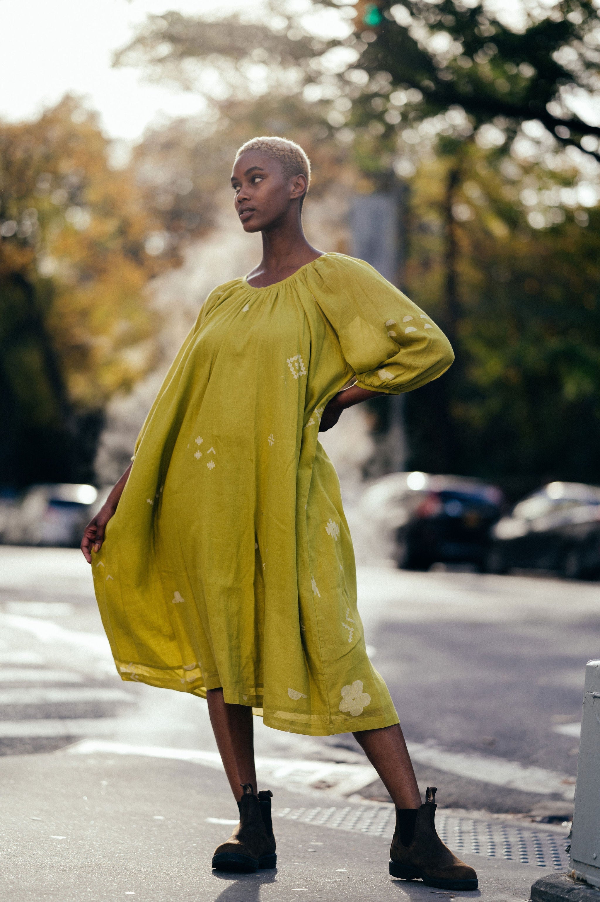 Ochre scoop-neck gathered dress 2X / Yellow / Jamdani Ochre scoop-neck gathered dress 2X / Yellow / Jamdani