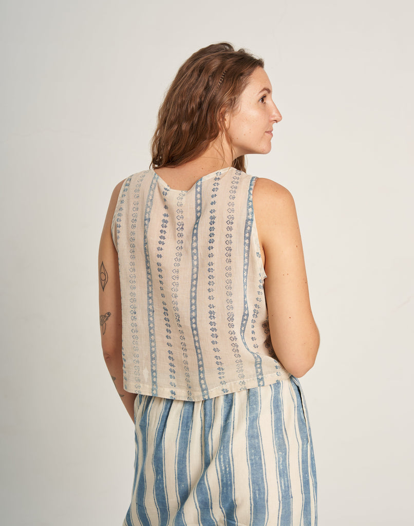 Back Side Indigo Blossom Button-Up Summer Top At World of Crow