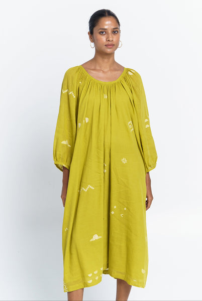 Ochre scoop-neck gathered dress 2X / Yellow / Jamdani Ochre scoop-neck gathered dress 2X / Yellow / Jamdani