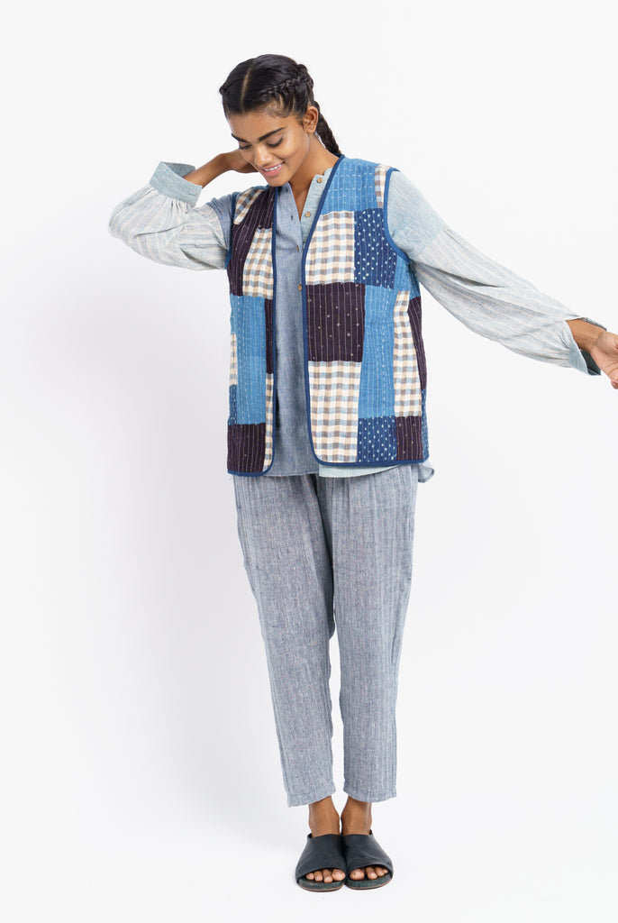 Organic patchwork waistcoat, fashion conscious brands, list of ethical fashion brands, organic cotton natural dyes clothing, organic cotton waistcoat, certified organic clothing, chemical free clothing brands, 100 cotton women's clothing, soft cotton clothes for women's, minimalist chic, minimalist closet