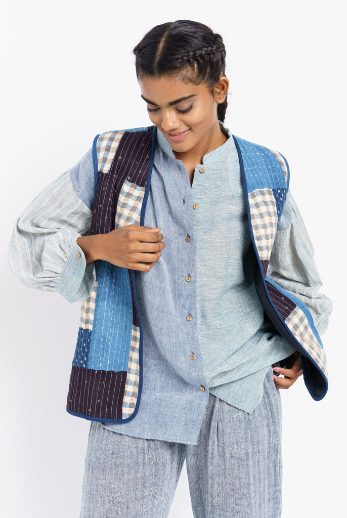 Organic patchwork waistcoat, fashion conscious brands, list of ethical fashion brands, organic cotton natural dyes clothing, organic cotton waistcoat, certified organic clothing, chemical free clothing brands, 100 cotton women's clothing, soft cotton clothes for women's, minimalist chic, minimalist closet